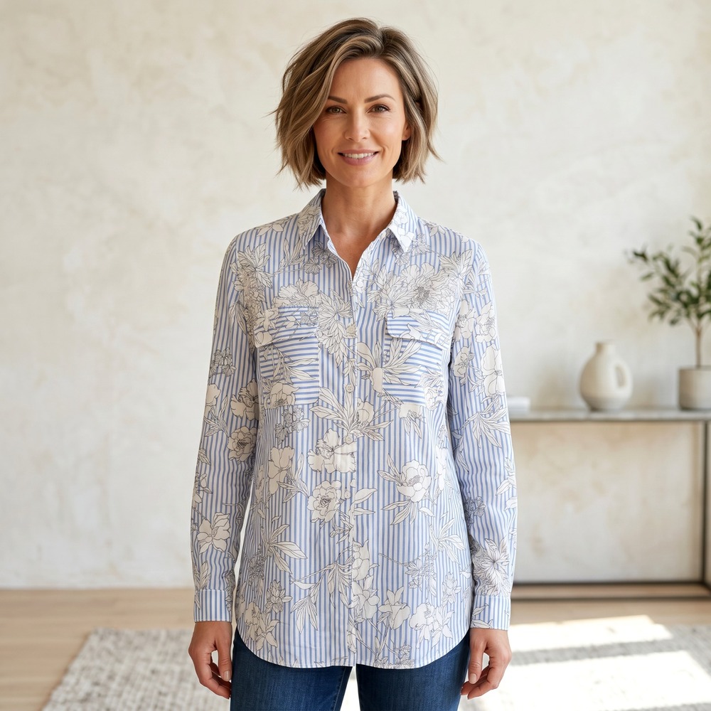 Express City Shirt Mix Print Top Blue White Utility Office Siren Coastal Beach M